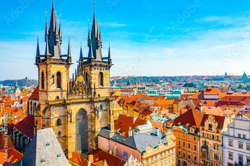 Obraz na plátně Aerial Panoramic View of Old Town of Prague, Czech Republic, Tyn Church, Clock T