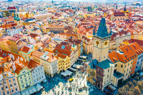 Aerial Panoramic View of Old Town of Prague, Czech Republic, Tyn Church, Clock Tower, Square - Image