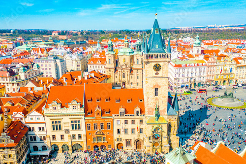 Canvas Print Aerial Panoramic View of Old Town of Prague, Czech Republic, Tyn Church, Clock T