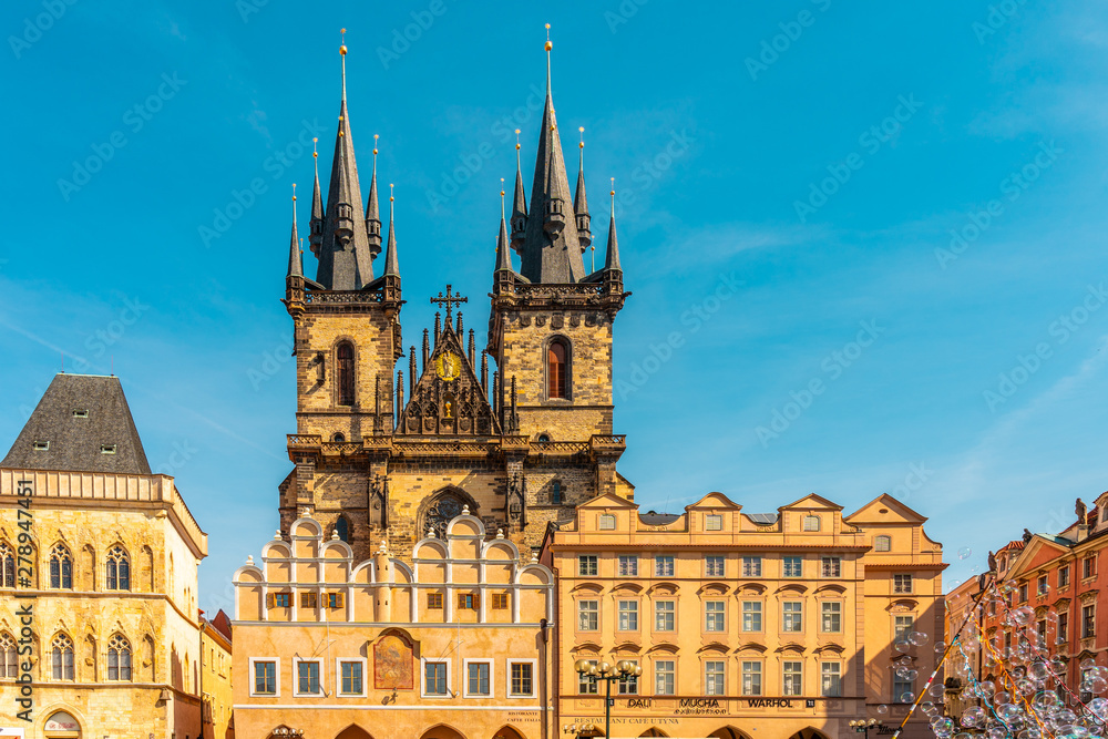 Panoramic View of Old Town Square with Tyn Church in Prague, Sunset Cityscape in Capital of Czech Republic, Prague, Europe - Image