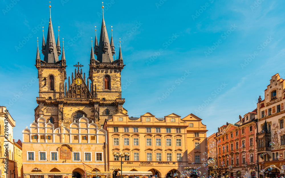 Panoramic View of Old Town Square with Tyn Church in Prague, Sunset Cityscape in Capital of Czech Republic, Prague, Europe - Image
