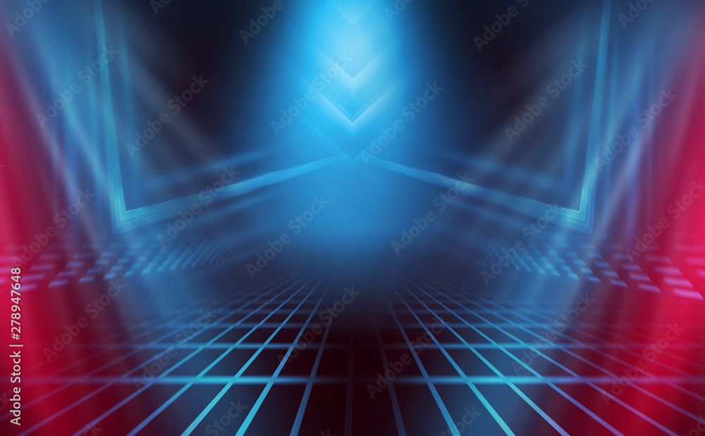 Empty background scene. Dark reflection of the street on the wet asphalt. Rays of blue and red neon light in the dark, neon figures, smoke. Background of empty stage show. Abstract dark background. Empty background scene. Dark reflection of the street on the wet asphalt. Rays of blue and red neon light in the dark, neon figures, smoke. Background of empty stage show. Abstract dark background.