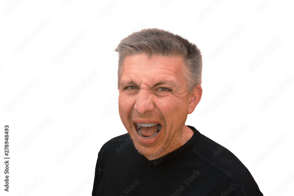 Guy looks into camera and shouts. Isolated full faced portrait on white background. Emotion and gesture of middle aged unshaven shaggy man in black t-shirt. Angry face and aggressive view Guy looks into camera and shouts. Isolated full faced portrait on white background. Emotion and gesture of middle aged unshaven shaggy man in black t-shirt. Angry face and aggressive view