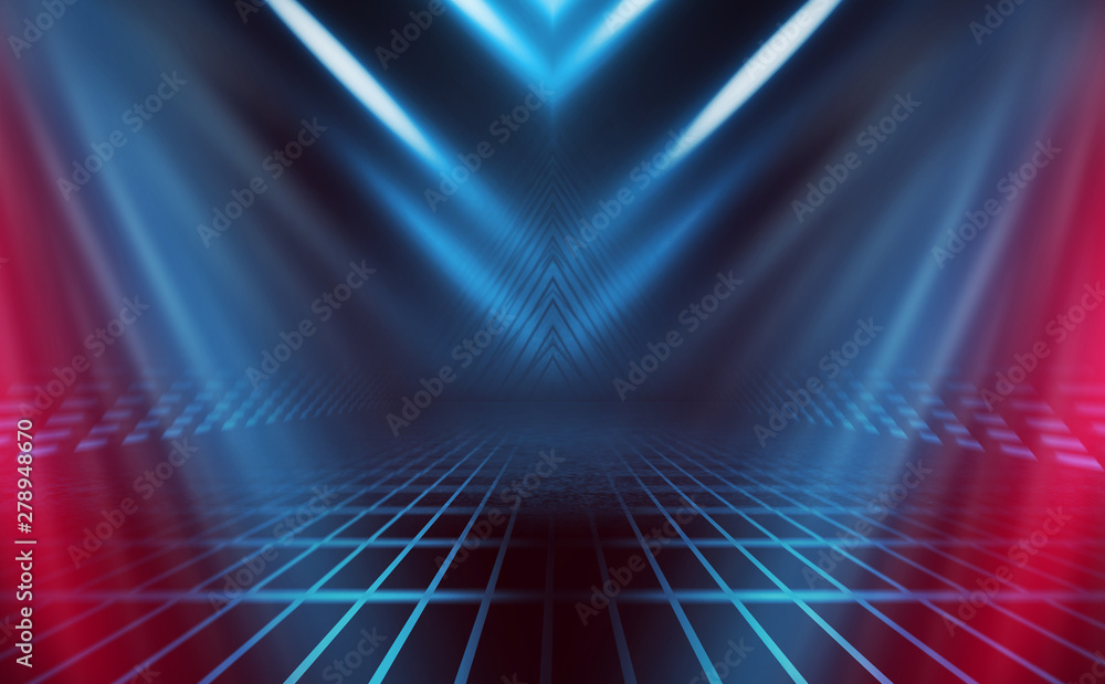 Empty background scene. Dark reflection of the street on the wet asphalt. Rays of blue and red neon light in the dark, neon figures, smoke. Background of empty stage show. Abstract dark background. Empty background scene. Dark reflection of the street on the wet asphalt. Rays of blue and red neon light in the dark, neon figures, smoke. Background of empty stage show. Abstract dark background.