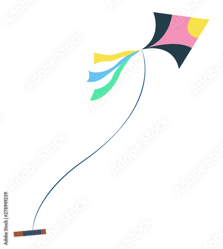 Kite flying toy on rope isolated on white. Vector tethered heavier-than-air craft with wing surfaces that react against air to create lift and drag