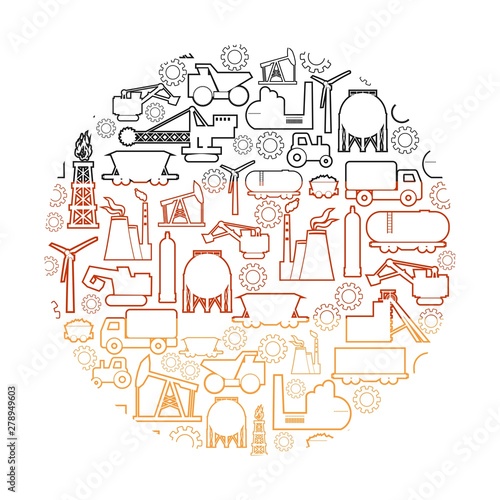 Concept of industrial plant and manufacture building. Energy generation and heavy industry. Brochure or cover design template. Circle frame with industrial thin line icons. Flag of the Germany