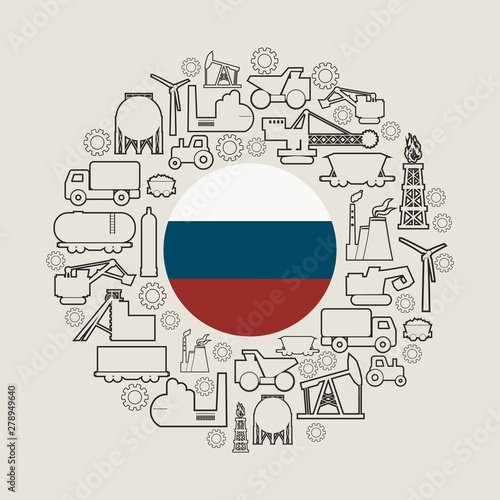 Concept of industrial plant and manufacture building. Energy generation and heavy industry. Brochure or cover design template. Circle frame with industrial thin line icons. Flag of the Russia