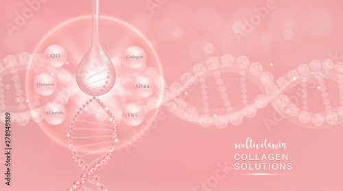 Hyaluronic acid plus multivitamins and minerals skin solutions ad, pink collagen serum drop with cosmetic advertising background ready to use, illustration vector.
