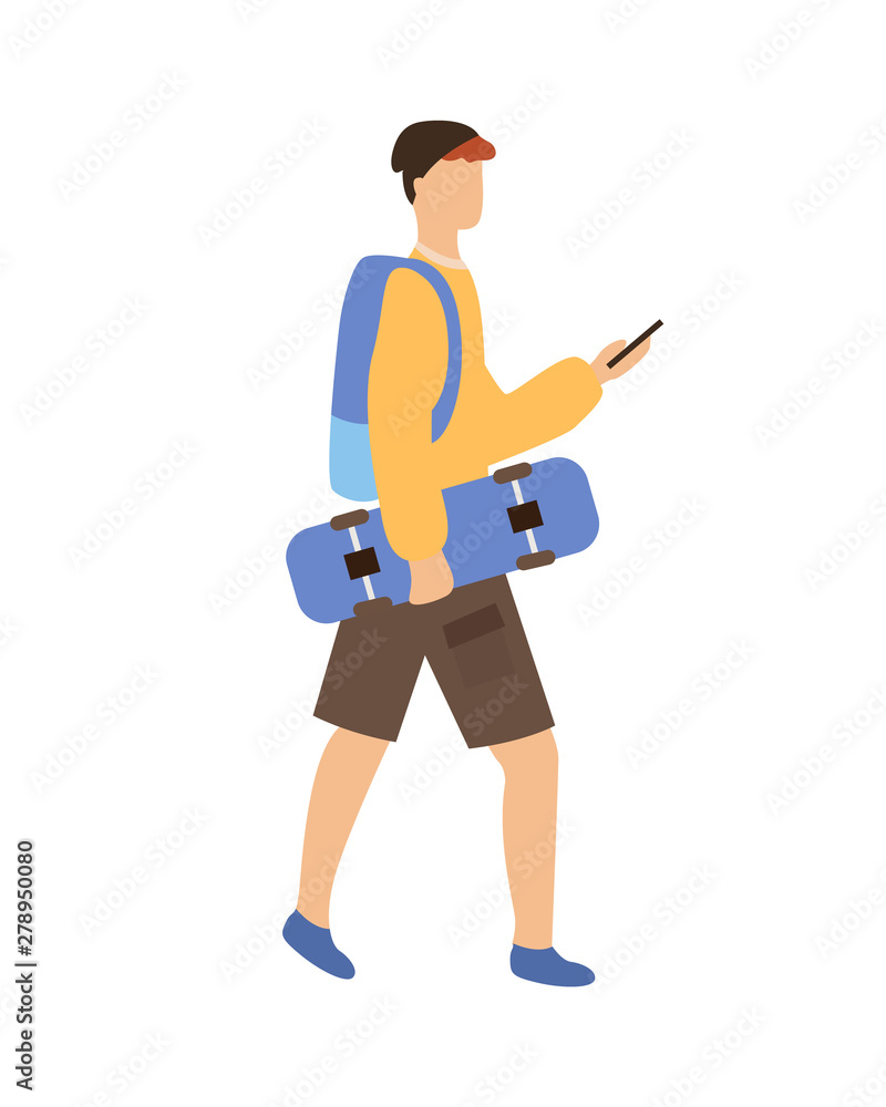 Man holding skateboard, side view of boy using phone, person wearing casual clothes and backpack, skateboarder going outdoor, urban skater vector