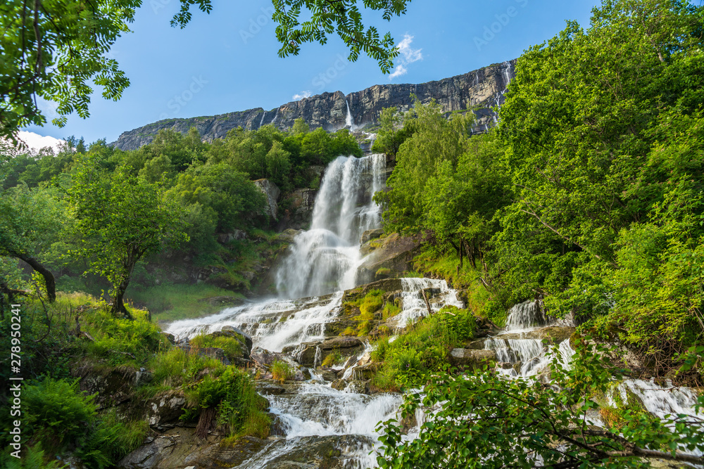 Beautiful waterfall flushing down a mountainside in Norway