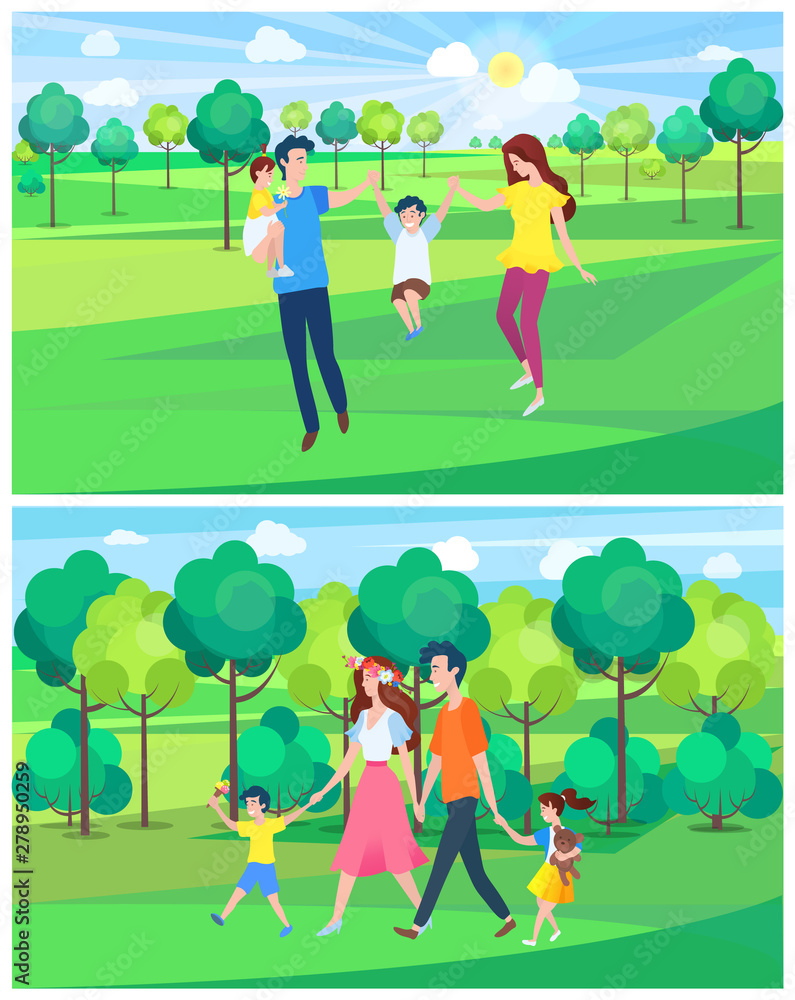 Fototapeta premium Summer park relaxation vector, people with child on fair weather, father and mother with daughter and son, family day on spring forest with foliage