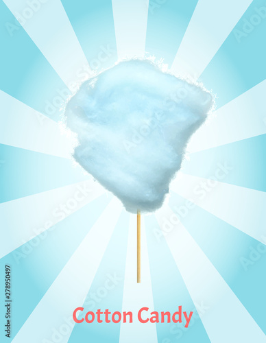 Sweet cotton candy of bilberry taste isolated on blue and white background. Vector confectionery, fluffy sugar summer dessert on stick, tasty food snack. Candyfloss, kids sugar yummy snack