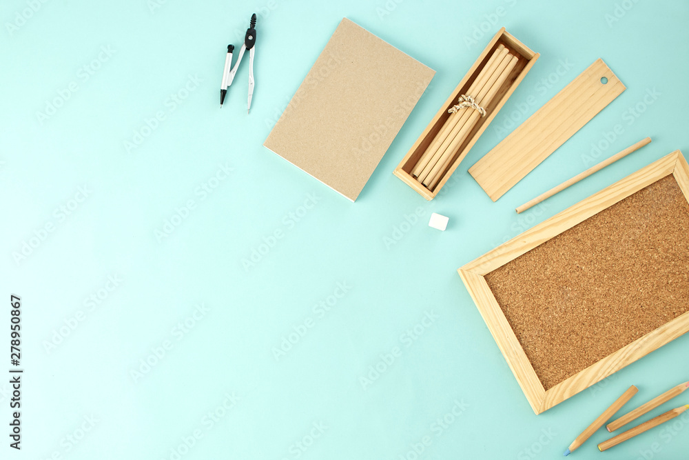 Back to school supplies concept blue background Back to school supplies concept blue background