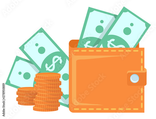 Brown wallet with two banknotes with dollar sign and two stacks of golden coins. Purse full of money, currency and cash equivalents isolated on white vector