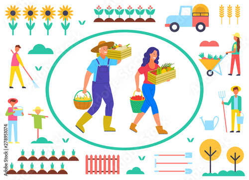 Farming people with vegetables vector, man and woman carrying gathered production. Scarecrow and sunflowers, fence and tree, carriage and tractor. Farm objects