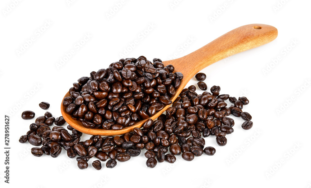 coffee beans in wooden spoon isolated on white background coffee beans in wooden spoon isolated on white background
