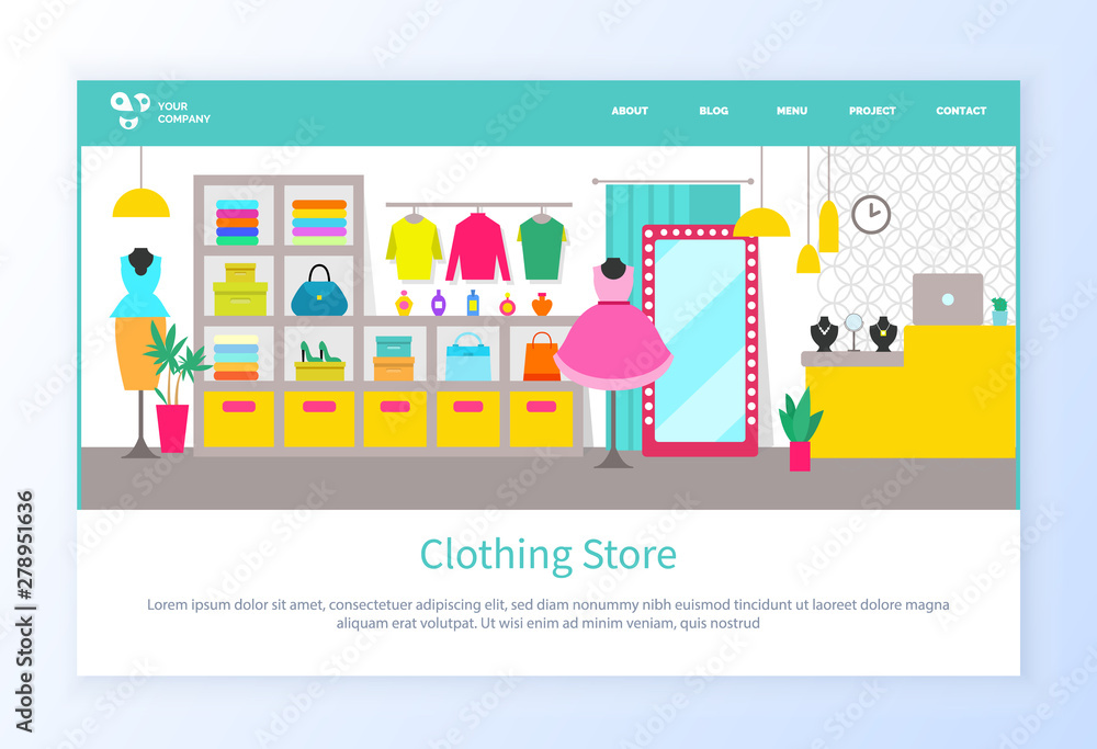 Clothing store vector, clothes for women, bags accessories and dresses, jewelry on counter. Place with mirror and decorations, boutique workplace. Website or webpage template, landing page flat style
