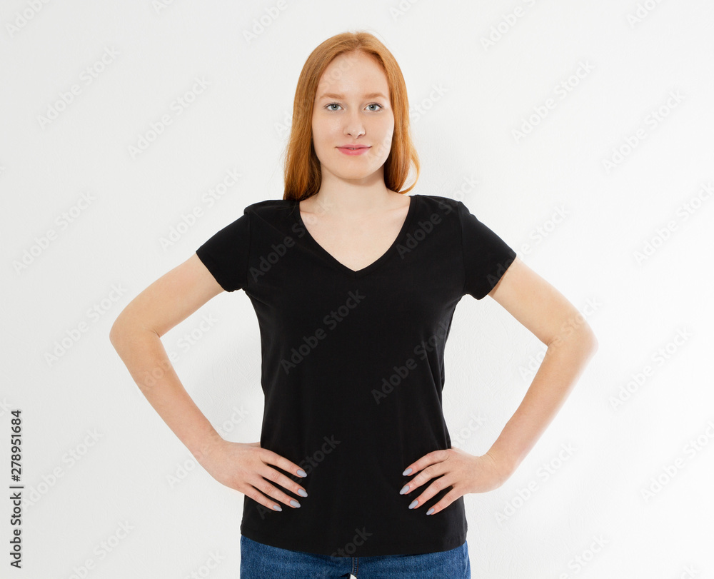 t-shirt design, happy people concept - smiling red hair woman in blank black t-shirt pointing her fingers at herself, red head girl tshirt mock up t-shirt design, happy people concept - smiling red hair woman in blank black t-shirt pointing her fingers at herself, red head girl tshirt mock up