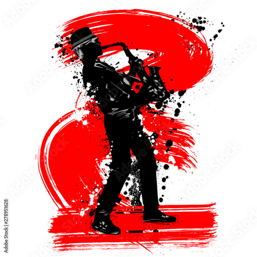 Black grunge saxophonist silhouette with ink blots