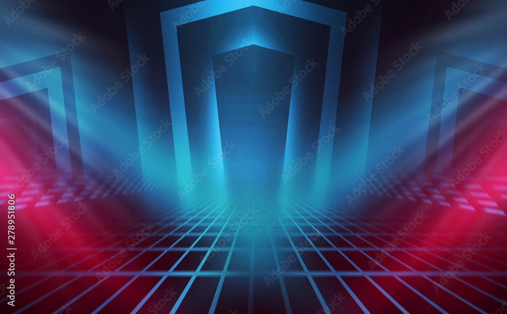 Empty background scene. Dark reflection of the street on the wet asphalt. Rays of blue and red neon light in the dark, neon figures, smoke. Background of empty stage show. Abstract dark background. Empty background scene. Dark reflection of the street on the wet asphalt. Rays of blue and red neon light in the dark, neon figures, smoke. Background of empty stage show. Abstract dark background.
