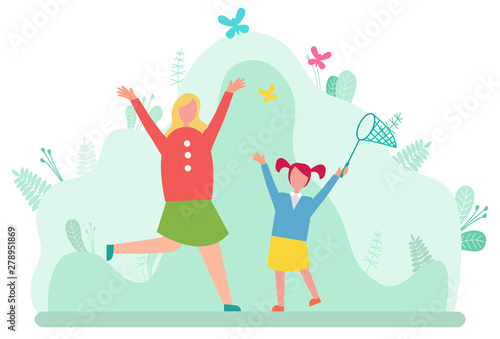 Mother and daughter catching butterflies in net isolated cartoon style happy people. Vector mom and girl spend time together, leisure and pastime on nature