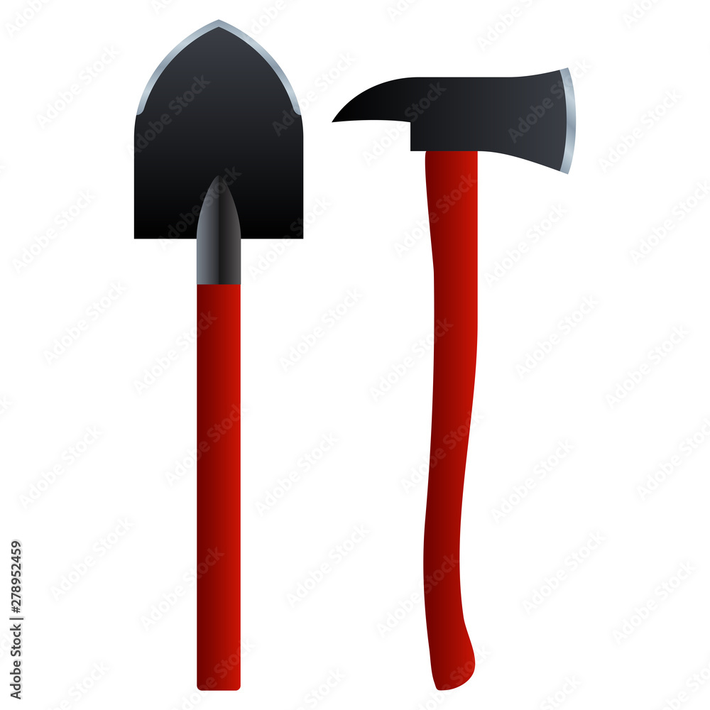 Shovel and ax with a red handle
