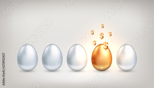 Unique golden egg with golden dollar symbols among ordinary white eggs, concept of forecasting financial and investment success, choice of venture capital investment. Vector illustration