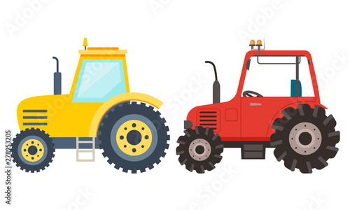 Tractor set, side view of agricultural transport, farming machine. Meadow equipment, transportation on field, harvest vehicle element of decoration vector