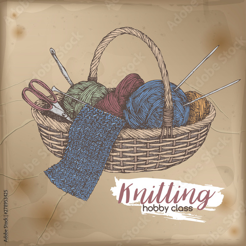 Vintage colror knitting basket hand drawn sketch. Hobby class series.