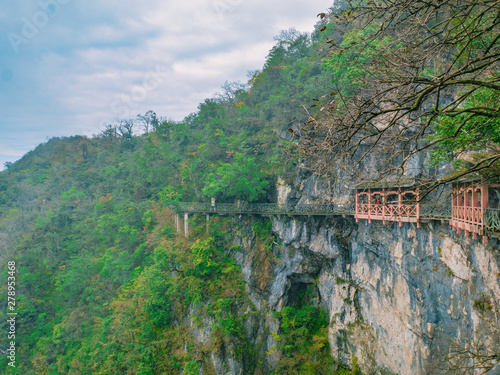 Stone balcony Walk hanging on the Cliff on Tianmen mountain national park at zhangjiajie city China.Tianmen mountain the travel destination of Hunan zhangjiajie city China