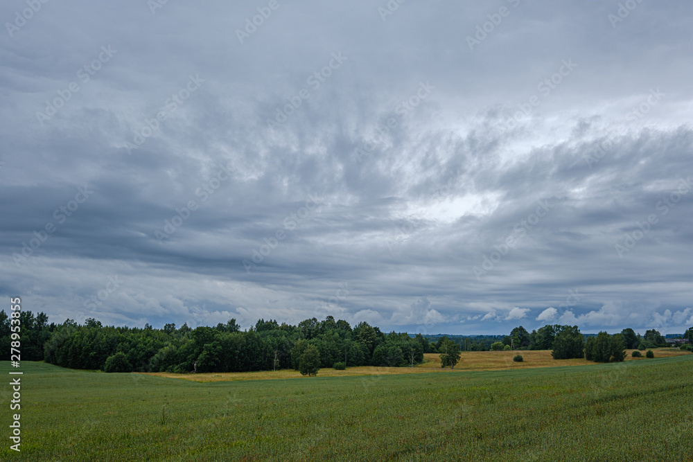 storm rain clouds forming over the countryside fields in green summer
