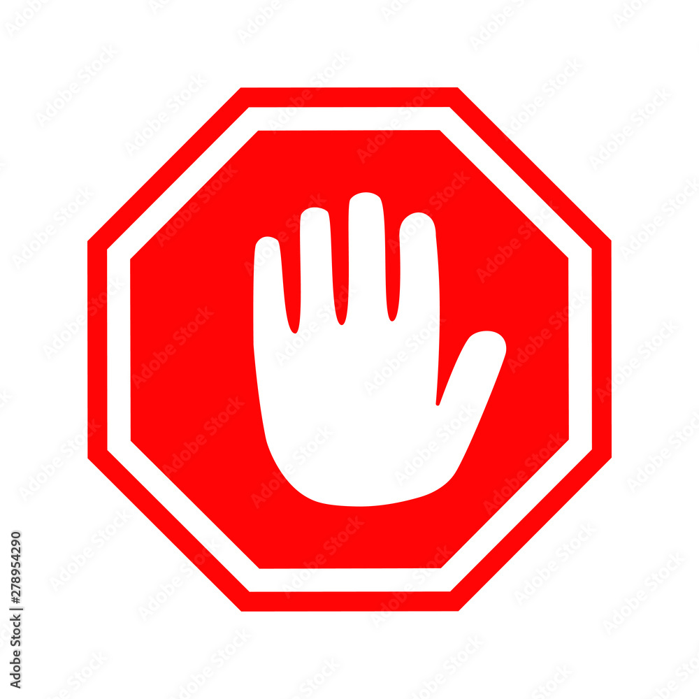 Stop road sign. Prohibited warning vector icon. Palm in red octagon. Road stop sign with hand isolated. Glossy effect. Stop road sign. Prohibited warning vector icon. Palm in red octagon. Road stop sign with hand isolated. Glossy effect.