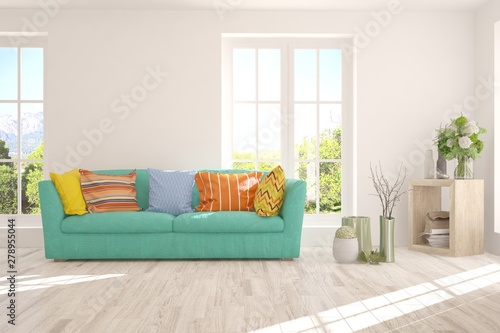 Wallpaper Mural Stylish room in white color with sofa and summer landscape in window. Scandinavian interior design. 3D illustration Torontodigital.ca