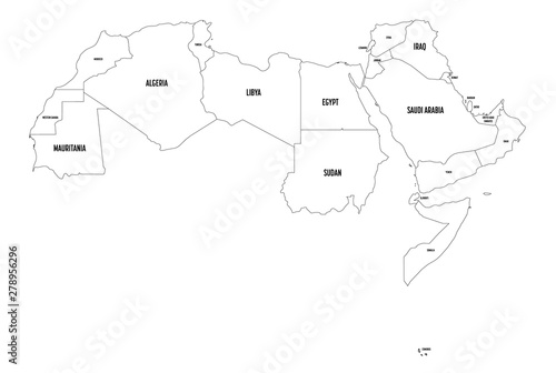 Arab World states political map. 22 arabic-speaking countries of the Arab League. Northern Africa and Middle East region. Vector illustration