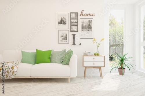 Stylish room in white color with sofa. Scandinavian interior design. 3D illustration