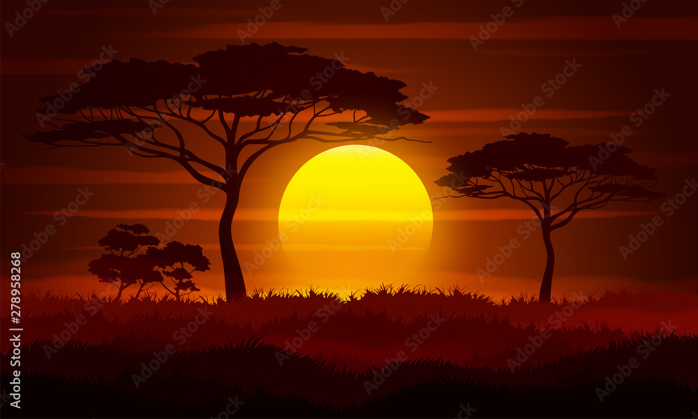 Fototapeta Zachód słońca w Afryce. Ilustracja wektorowa krajobraz sawanny.