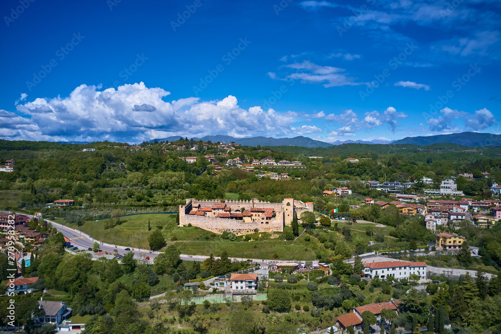 Naklejka premium Aerial photography with drone. Padenghe Castle, Garda laky-Italy.