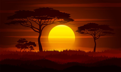 Fotobehang Bruin Sunset in Africa. Savanna landscape, vector illustration.  © NMacTavish