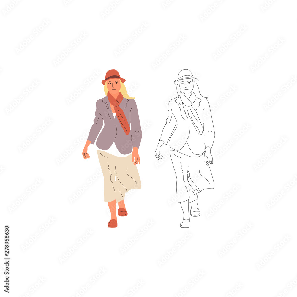 Young girl character in casual outfit. Isolated on white. Flat style colorful and monochrome cartoon stock vector illustration. Young girl character in casual outfit. Isolated on white. Flat style colorful and monochrome cartoon stock vector illustration.