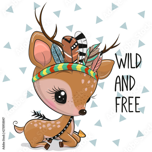 Cartoon baby Fawn with feathers on a white background