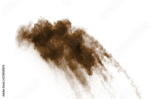 Wallpaper Mural Freeze motion of brown dust explosion on white background. Throwing brown powder out of hand against white background. Torontodigital.ca