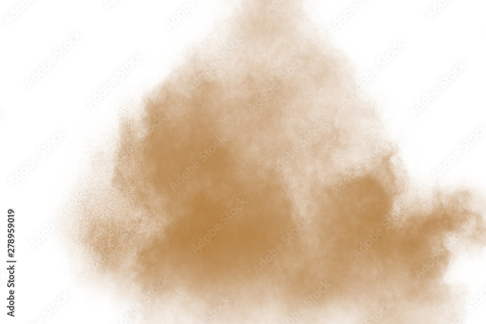Freeze motion of brown dust explosion on white background. Throwing brown powder out of hand against white background. Freeze motion of brown dust explosion on white background. Throwing brown powder out of hand against white background.