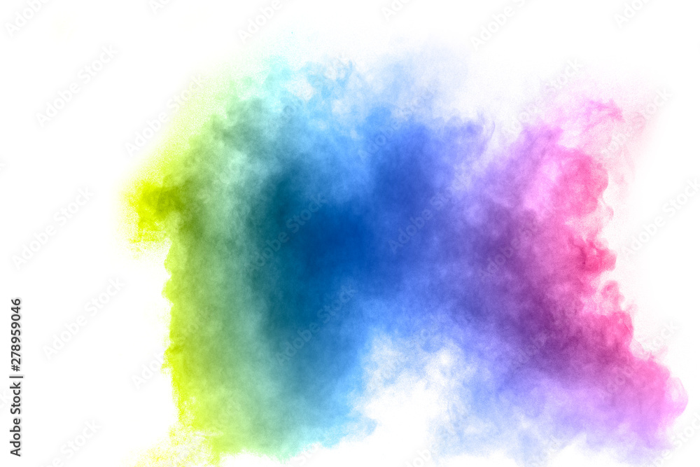 Abstract multicolored dust splash on white background. Bizarre form of colorful powder explosion on white background.