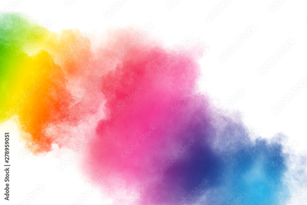 Abstract multicolored dust splash on white background. Bizarre form of colorful powder explosion on white background.