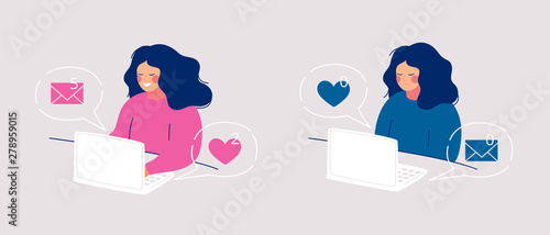 Concept of active online communication on social network and loneliness on internet. Cartoon female characters illustrations isolated from background
