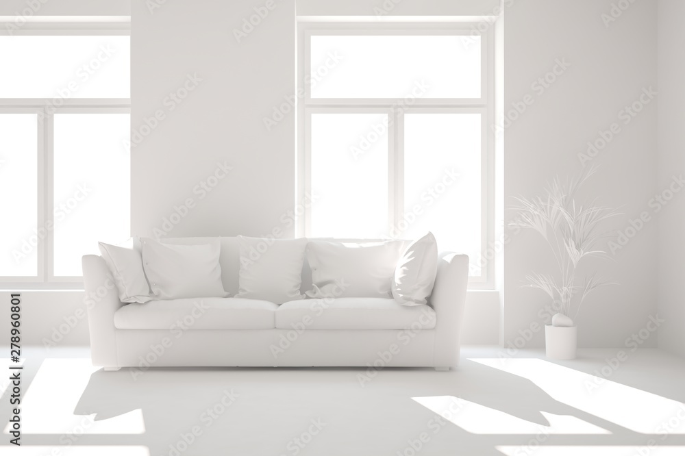 Fototapeta premium Mock up of stylish room in white color with sofa. Scandinavian interior design. 3D illustration