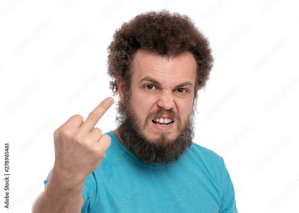 Crazy bearded Man with funny Curly Hair Screaming and showing the Middle  Finger, isolated on white background. Portrait of Angry Man looking at  camera in anger - studio shot. Stock Photo |