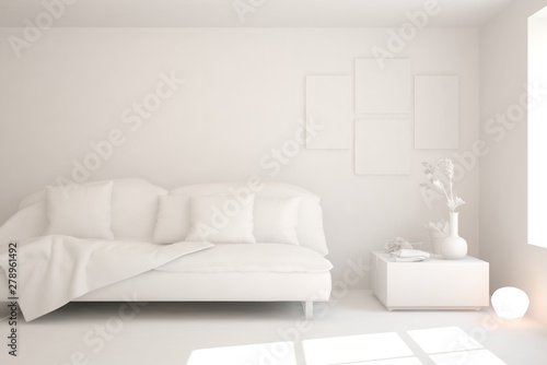 Mock up of stylish room in white color with sofa. Scandinavian interior design. 3D illustration