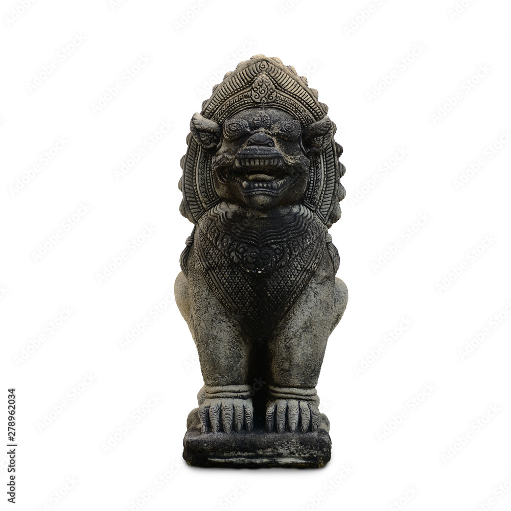 Limestone lion statue sculpture in front of buddhism temple in Thailand isolate on white background Limestone lion statue sculpture in front of buddhism temple in Thailand isolate on white background