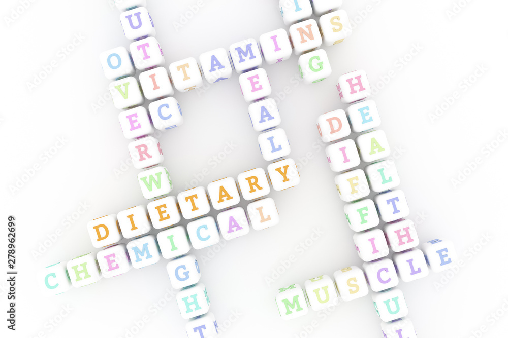Dietary, health keyword crossword. For web page, graphic design, texture or background. 3D rendering. Dietary, health keyword crossword. For web page, graphic design, texture or background. 3D rendering.